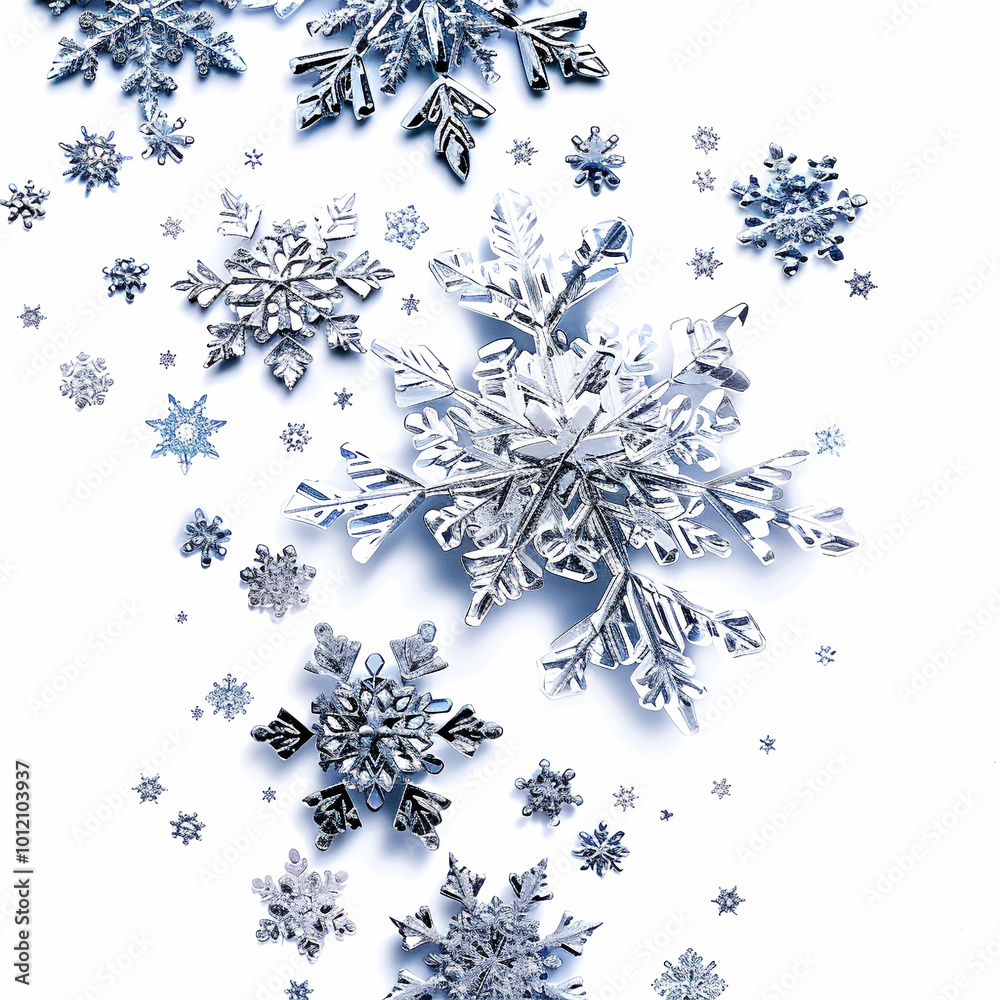 Delicate snowflakes dance through the air in a whimsical winter wonderland backdrop Delicate snowflakes dance through the air in a whimsical winter wonderland backdrop