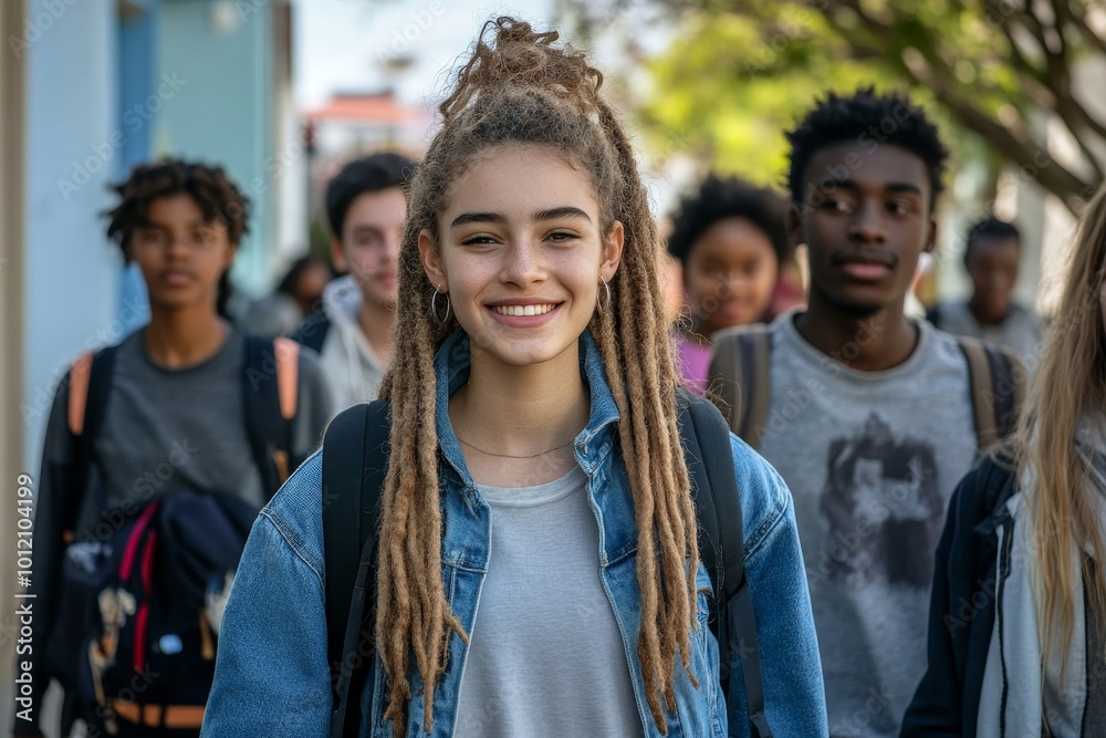 Group of intercultural adolescent secondary school learners in casualwear walking along street while going home after classes, Generative AI Group of intercultural adolescent secondary school learners in casualwear walking along street while going home after classes, Generative AI