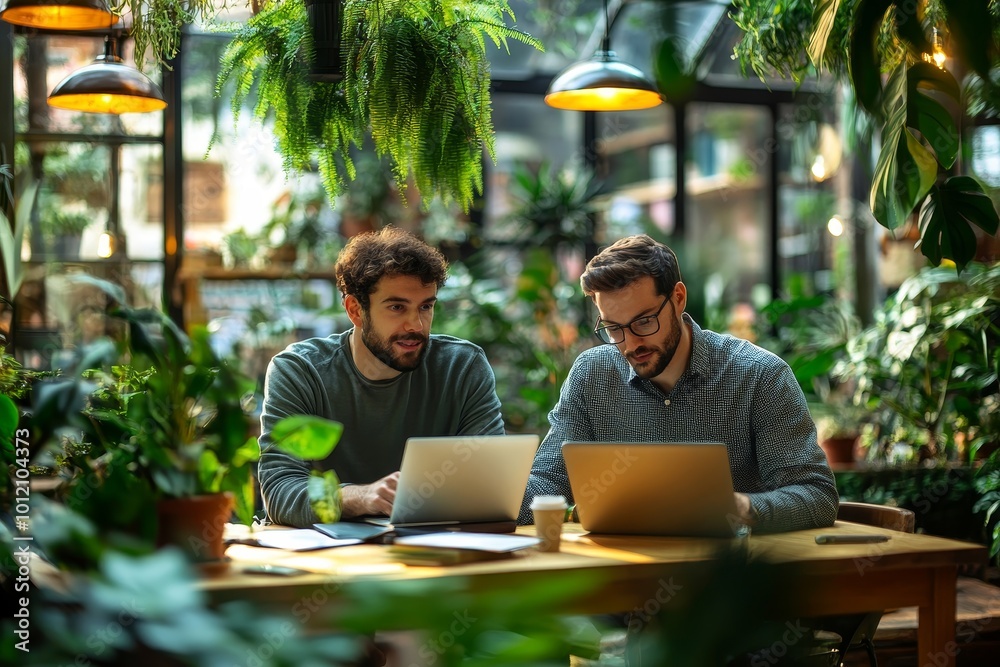 Wide angle portrait of two contemporary men collaborating on project during business meeting in green office or cafe interior, copy space, Generative AI Wide angle portrait of two contemporary men collaborating on project during business meeting in green office or cafe interior, copy space, Generative AI