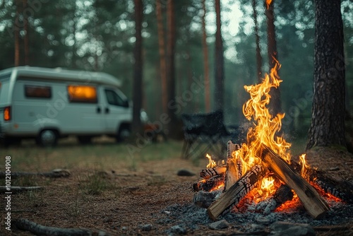 Background image of campfire in forest with trailer van in background, copy space, Generative AI photo