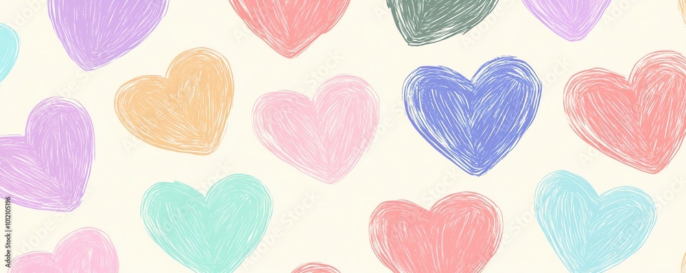 Seamless pattern of pastelcolored hearts creating a cute, playful design Seamless pattern of pastelcolored hearts creating a cute, playful design