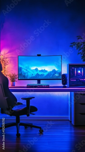 Vertical background image of gaming room with blue neon lighting and PC white screen mockup, Generative AI