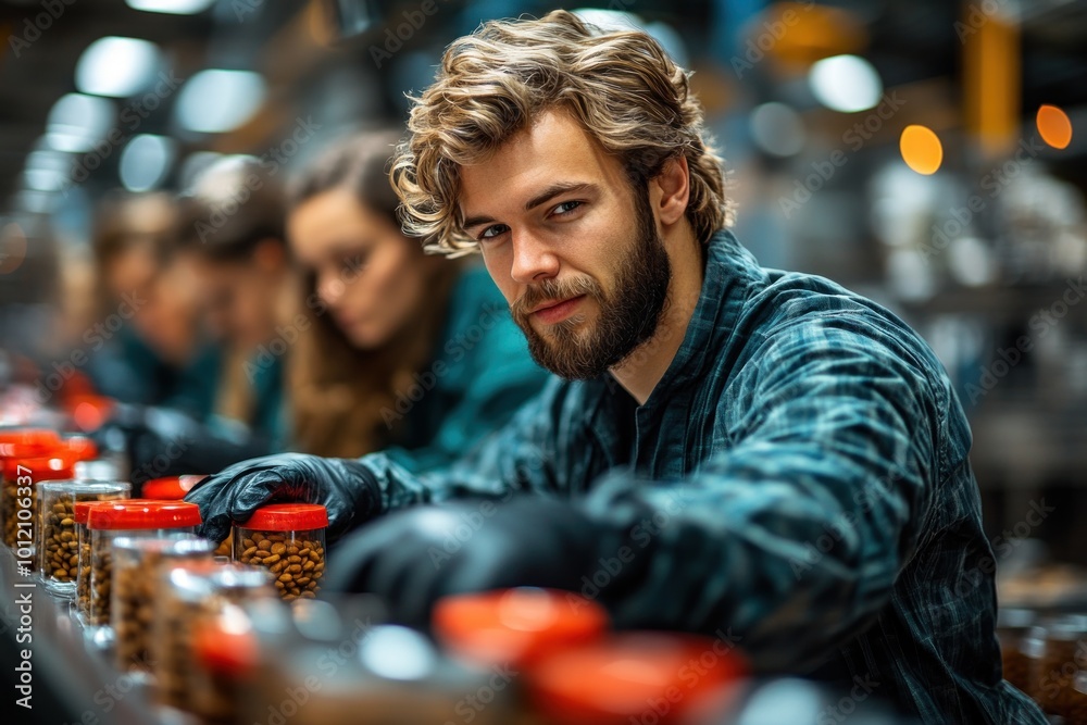 A young man working on a production line in a factory, filling jars with nuts and looking directly at the camera.