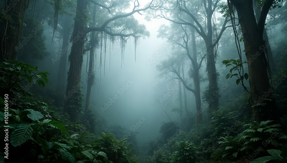 A high-definition image of a dense tropical rainforest enveloped in thick fog, with towering trees, hanging vines, and large leaves, while the mist creates a mysterious and ethereal atmosphere. A high-definition image of a dense tropical rainforest enveloped in thick fog, with towering trees, hanging vines, and large leaves, while the mist creates a mysterious and ethereal atmosphere.