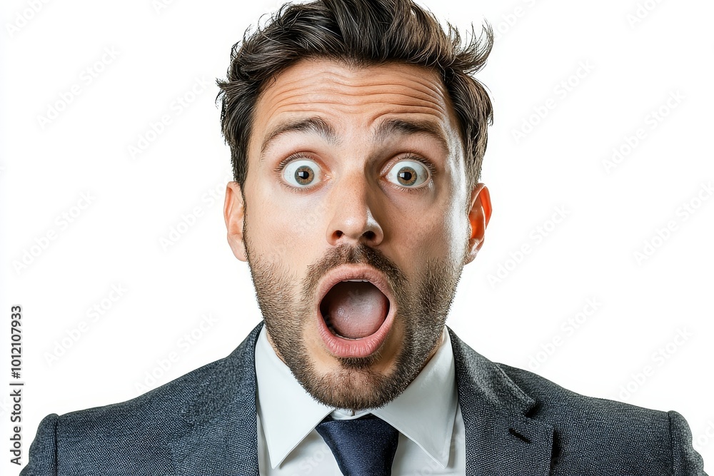 A man in business attire with a shocked expression, isolated on a white background, concept of surprise or disbelief, Generative AI A man in business attire with a shocked expression, isolated on a white background, concept of surprise or disbelief, Generative AI
