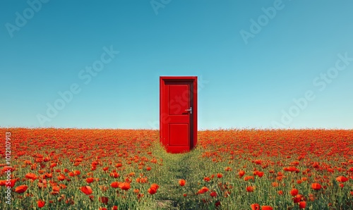 A vivid red door stands alone in the middle of a poppy field under a clear blue sky, symbolizing a concept of opening to nature. Generative AI photo