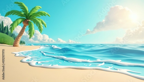 A stylized 3D beach scene featuring smooth  flowing waves washing onto the shore  with exaggerated palm trees swaying in the wind  and vibrant  clear skies overhead.