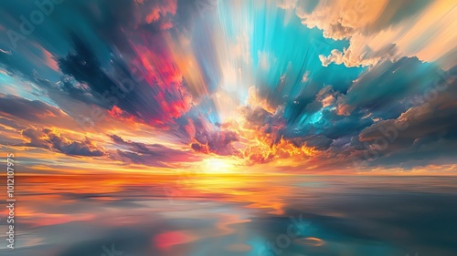 Whimsical clouds and light streaks in a colorful sky, creating a dreamy scene