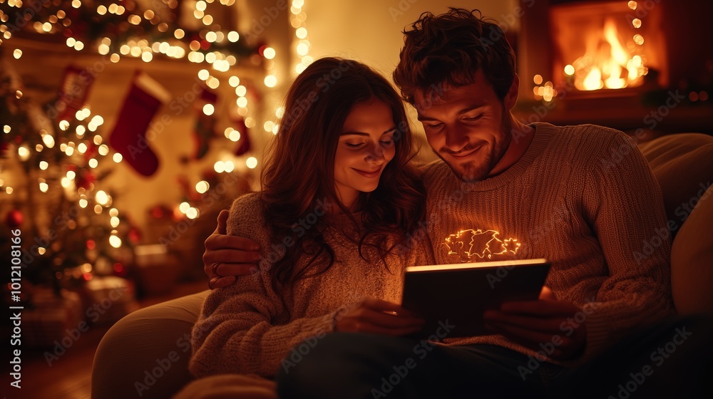 A loving couple shares an intimate moment, sitting close together on a cozy couch, illuminated by warm Christmas lights. A loving couple shares an intimate moment, sitting close together on a cozy couch, illuminated by warm Christmas lights.
