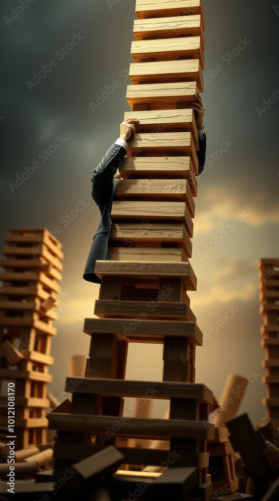 A businessman in a suit tries to build and hold up a wooden tower created with generative ai technology managing risk A businessman in a suit tries to build and hold up a wooden tower created with generative ai technology managing risk
