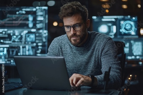 Medium shot of busy Caucasian male IT specialist in pastel sweater working on laptop while sitting at desk in cybersecurity office, Generative AI