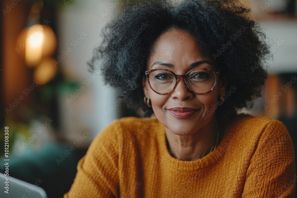 Portrait of mature black woman using laptop while working from home or shopping online, copy space, Generative AI Portrait of mature black woman using laptop while working from home or shopping online, copy space, Generative AI