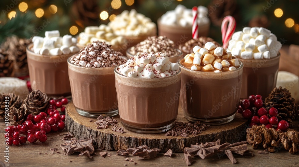 A rustic wooden platter with seven glasses of hot chocolate topped with various toppings, including marshmallows, whipped cream, chocolate shavings, candy canes, and caramel. A rustic wooden platter with seven glasses of hot chocolate topped with various toppings, including marshmallows, whipped cream, chocolate shavings, candy canes, and caramel.