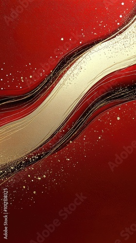 Abstract red and gold waves with glitter, resembling luxurious fabric or fluid art painting