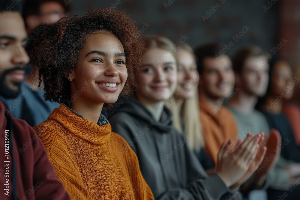 Fototapeta premium Group of young intercultural people sitting in row in front of speaker and clapping hands after successful presentation of new project, Generative AI