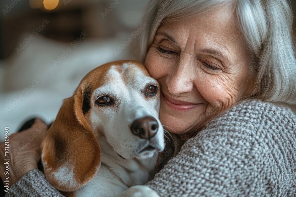 Cheerful retired senior woman with wrinkles smiling while embracing her Beagle dog and enjoying time with pet at home, Generative AI