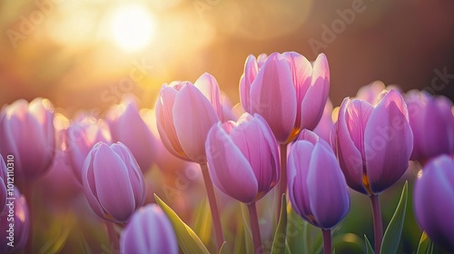 A field with blooming tulips. Fresh spring flowers. Growing flowers for sale in large quantities. Illustration for cover, card, postcard, interior design, banner, poster, brochure or presentation.