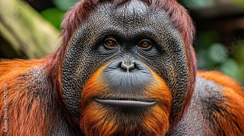 Orangutan. Close-up portrait of a wild monkey in its natural habitat. Illustration for cover, postcard, interior design, banner, brochure, etc. photo