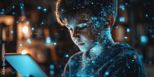 School kid working with tablet, digital hologram with face id and privacy, Generative AI