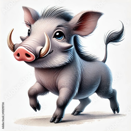 Watercolor illustration of a baby warthog with tiny tusks in a funny, cartoon style