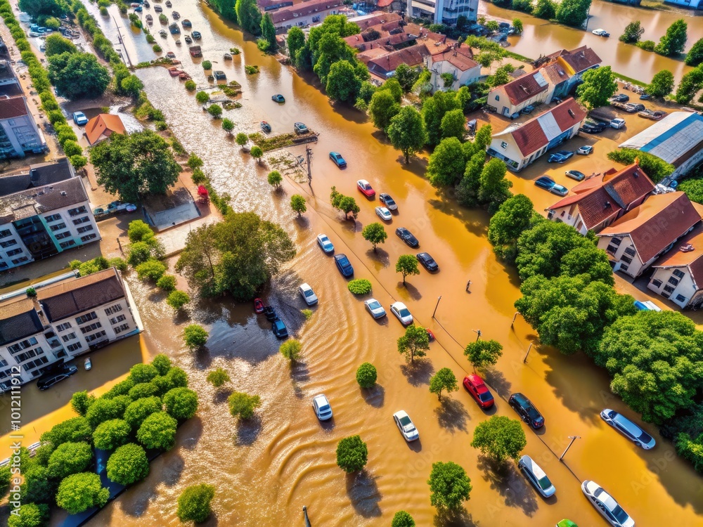 Fototapeta premium Devastating Flood Impact on Urban Landscape with Submerged Streets and Stranded Vehicles in Water