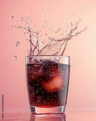 A glass of liquid with a splash and bubbles, possibly soda, with a pink background