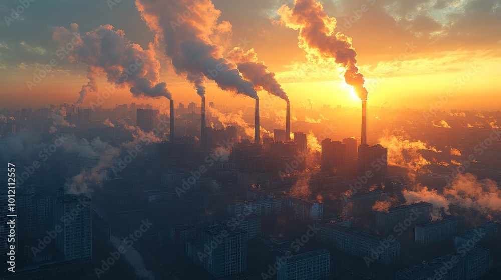 Fototapeta premium Aerial view of a city with industrial smokestacks spewing plumes of smoke into the air during sunset.