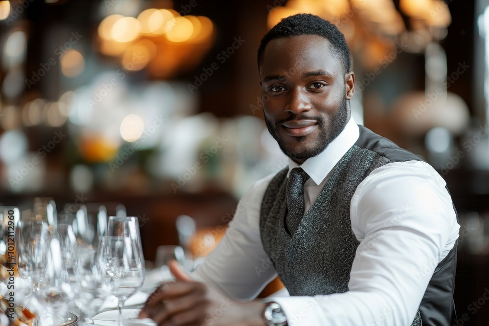 Waist up portrait of African-American businessman standing at balcony and using smartphone in luxurious hotel lobby, copy space, Generative AI Waist up portrait of African-American businessman standing at balcony and using smartphone in luxurious hotel lobby, copy space, Generative AI