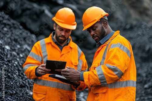 Mid-section portrait of two unrecognizable industrial workers wearing reflective jackets, one of them African, inspecting mineral ore on site outdoors, Generative AI