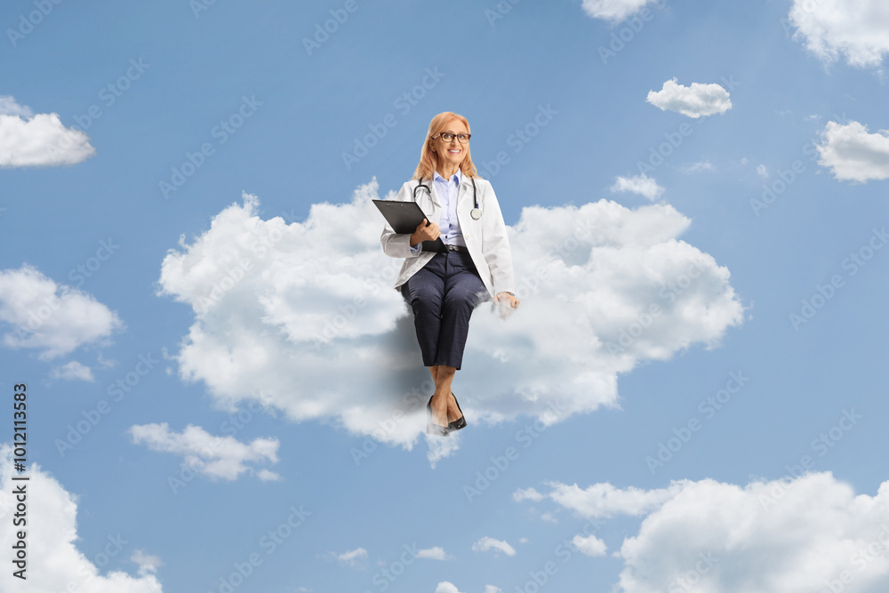 Female doctor smiling and sitting on a cloud Female doctor smiling and sitting on a cloud