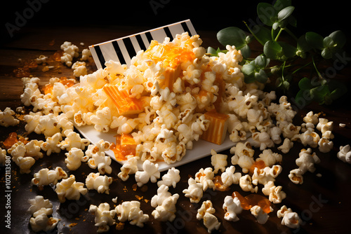 Overhead view of popcorn snacks for theater or cinem photo