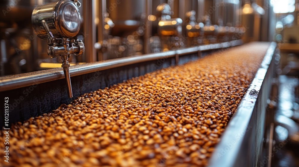 Close-up of a conveyor belt carrying malted barley grains in a brewery. Close-up of a conveyor belt carrying malted barley grains in a brewery.