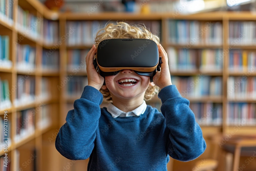 Portrait of excited blonde boy wearing VR headset in school library and enjoying 360 learning experiencewith copy space, Generative AI Portrait of excited blonde boy wearing VR headset in school library and enjoying 360 learning experiencewith copy space, Generative AI