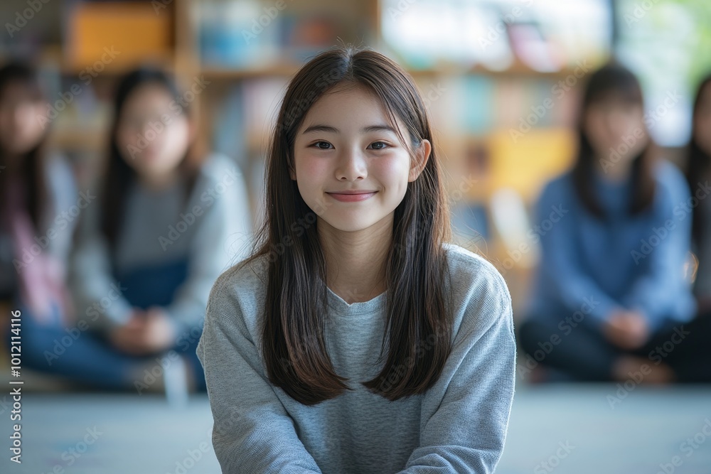 Portrait of teen Asian girl sharing story with therapist during support group meeting for childrenwith copy space, Generative AI Portrait of teen Asian girl sharing story with therapist during support group meeting for childrenwith copy space, Generative AI