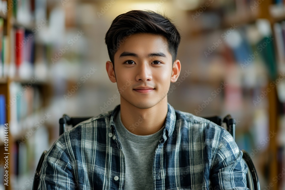 Vibrant portrait of Asian young man in wheelchair looking at camera in college library and smiling, Generative AI Vibrant portrait of Asian young man in wheelchair looking at camera in college library and smiling, Generative AI