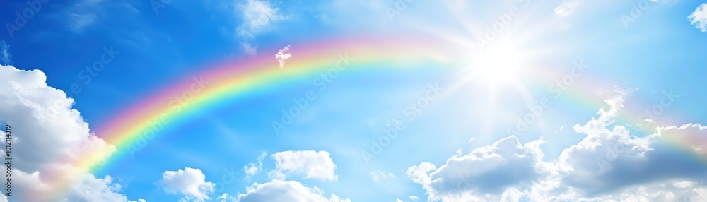 A bright, cheerful rainbow arcing over a sky filled with colorful clouds A bright, cheerful rainbow arcing over a sky filled with colorful clouds