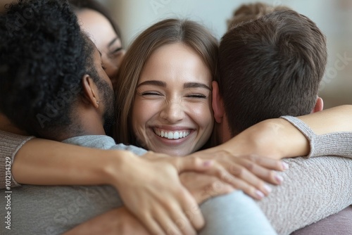 Group of people hugging all together during therapy session in support meeting, copy space, Generative AI