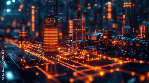 An abstract cityscape with glowing orange lights on a circuit board, representing technological innovation and advancement.