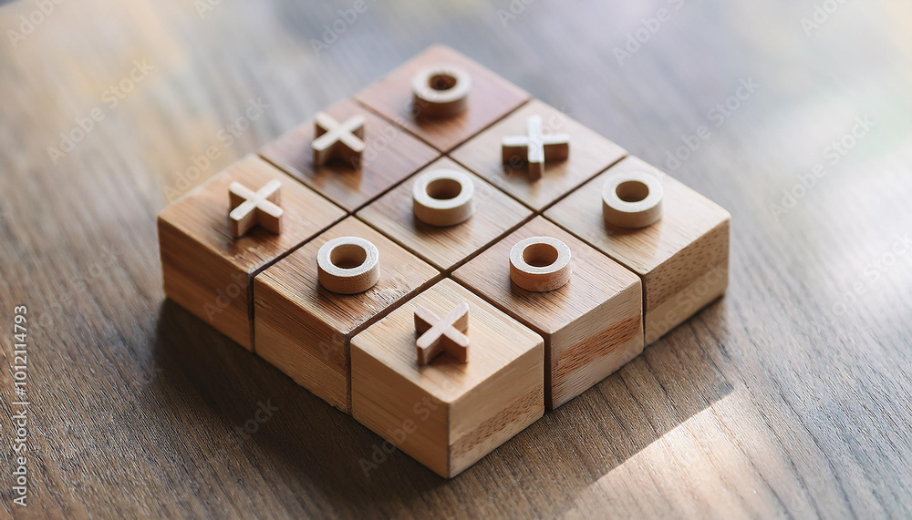 Wooden Tic Tac Toe game. Mini board game. Hobby and leisure concept. Wooden Tic Tac Toe game. Mini board game. Hobby and leisure concept.