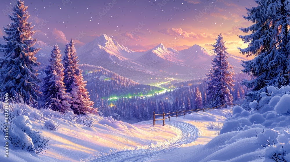 Fototapeta premium Serene winter landscape at sunset with snow-covered mountains