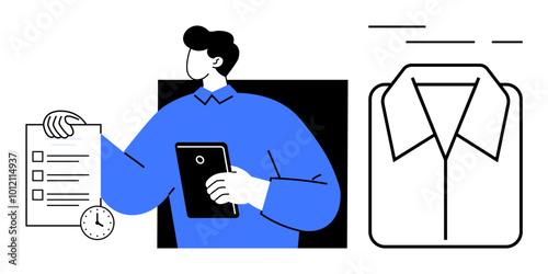 A business professional in blue holds a tablet and a checklist a clock in the hand. Next to him is a clean shirt on a hanger. Ideal for business punctuality time management organization
