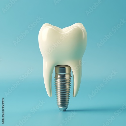 Teeth with implant screw, blue background, Generative AI