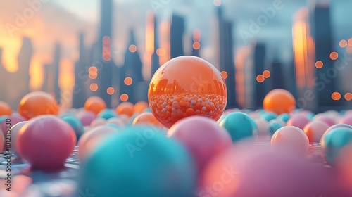 Abstract spheres reflecting cityscape.