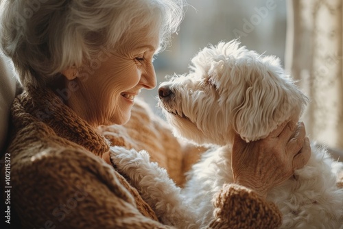 Warm toned side view portrait of cheerful senior woman playing with dog and giving treats while enjoying time together at home, copy space, Generative AI