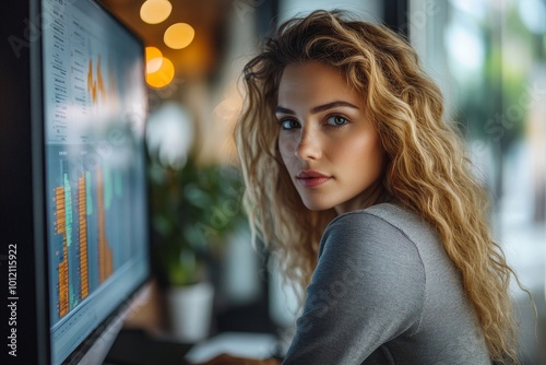 Young serious female economist analyzing financial diagrams and other data on lapto pscreen while sitting by desk in modern office, Generative AI