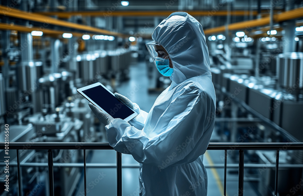 A female worker in a protective white suit and mask holds a tablet computer while standing in modern factory with numerous CNC machines A female worker in a protective white suit and mask holds a tablet computer while standing in modern factory with numerous CNC machines