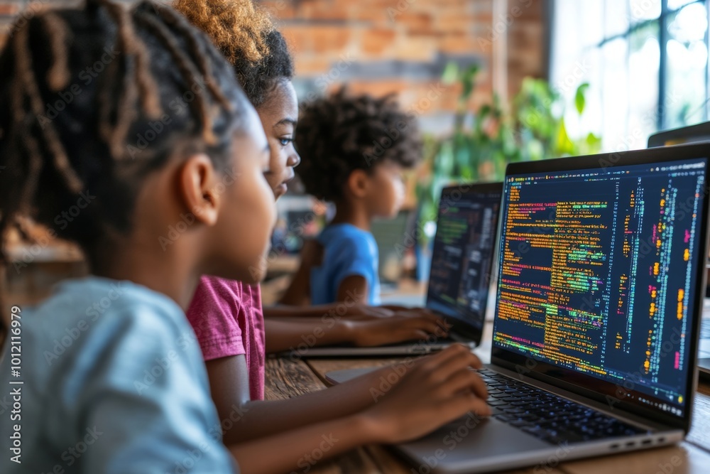 Over shoulder view at kids looking at laptop screen with computer programming chart during IT lesson, Generative AI Over shoulder view at kids looking at laptop screen with computer programming chart during IT lesson, Generative AI