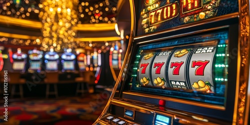 Casino roulette and slot machine with poker cards, 777 jackpot. Copy space, Generative AI