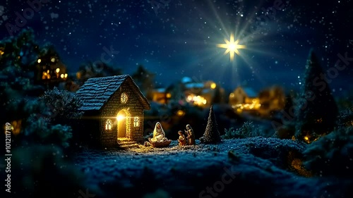 Snowy Nativity Scene with Village and Shining Star | Peaceful Christmas Animation. 30 seconds loop