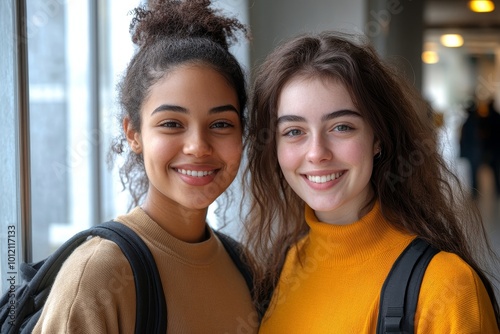 Portrait shot of two cheerful multiethnic smiling female students on snack break looking at camera while standing in university hallway next to window, Generative AI